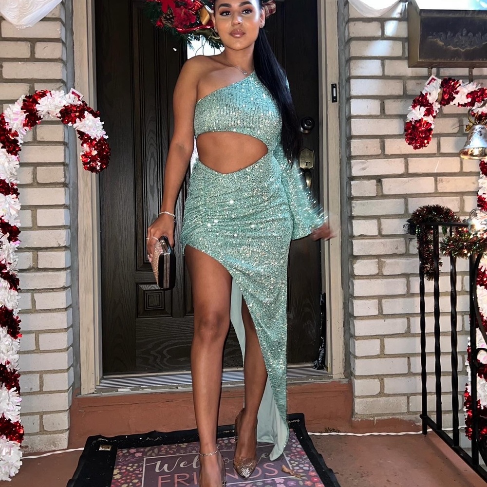 Fashion Nova Mint Sequin One-Shoulder Dress